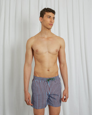 BLUE & BROWN STRIPED SWIM SHORTS